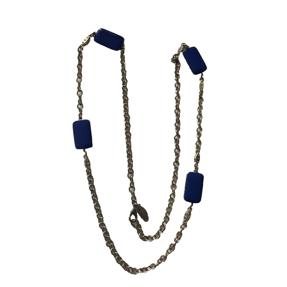 ANN TAYLOR Necklace Gold Tone Rolo Chain Blue Stone Signed 32" Total Length